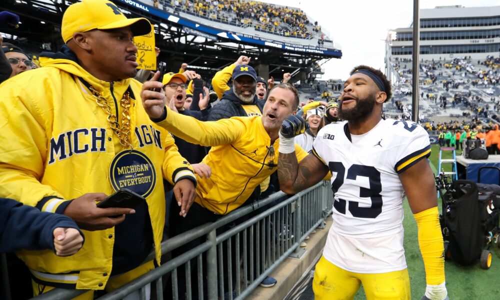 Michigan football linebacker Mike Barrett after beating Manny Diaz and Penn State