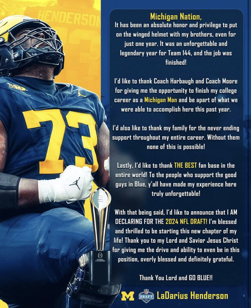 Michigan football star lineback LaDarius Henderson declares for the NFL Draft after the National Championship
