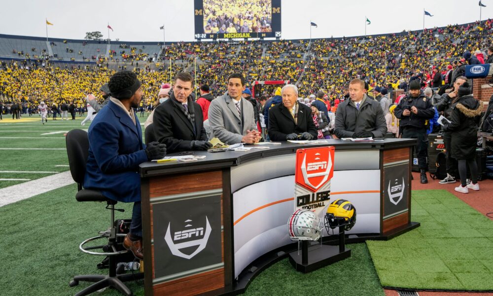 ESPN College GameDay broadcasts from the field prior to the NCAA football game between the Michigan Wolverines and the Ohio State Buckeyes at Michigan Stadium in Ann Arbor on Monday, Nov. 29, 2021. Ohio State Buckeyes At Michigan Wolverines