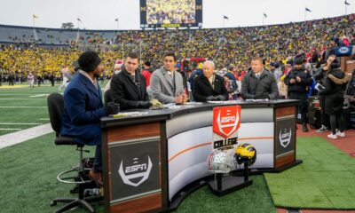 ESPN College GameDay broadcasts from the field prior to the NCAA football game between the Michigan Wolverines and the Ohio State Buckeyes at Michigan Stadium in Ann Arbor on Monday, Nov. 29, 2021. Ohio State Buckeyes At Michigan Wolverines