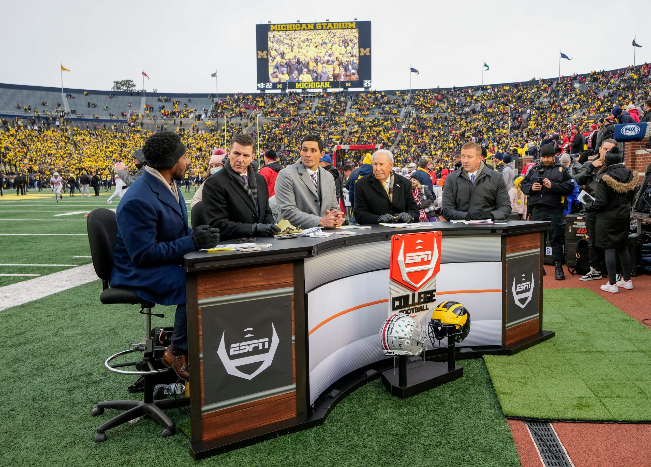 ESPN College GameDay broadcasts from the field prior to the NCAA football game between the Michigan Wolverines and the Ohio State Buckeyes at Michigan Stadium in Ann Arbor on Monday, Nov. 29, 2021. Ohio State Buckeyes At Michigan Wolverines