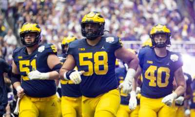 Dec 31, 2022; Glendale, Arizona, USA; Michigan Wolverines offensive lineman Giovanni El-Hadi (58) against the TCU Horned Frogs in the 2022 Fiesta Bowl at State Farm Stadium. Mandatory Credit: Mark J. Rebilas-USA TODAY Sports