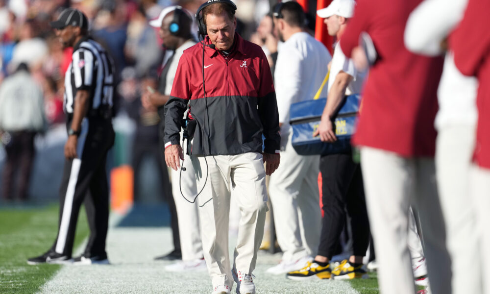 Jan 1, 2024; Pasadena, CA, USA; Alabama Crimson Tide head coach Nick Saban walks the sideline during the first half against the Michigan Wolverines in the 2024 Rose Bowl college football playoff semifinal game at Rose Bowl. Mandatory Credit: Kirby Lee-USA TODAY Sports