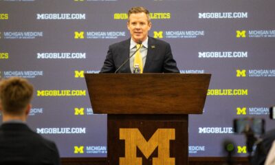 U-M's new men's basketball head coach Dusty May speaks during introductory press conference at Junge Family Champions Center in Ann Arbor on Tuesday, March 26, 2024.