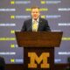 U-M's new men's basketball head coach Dusty May speaks during introductory press conference at Junge Family Champions Center in Ann Arbor on Tuesday, March 26, 2024.