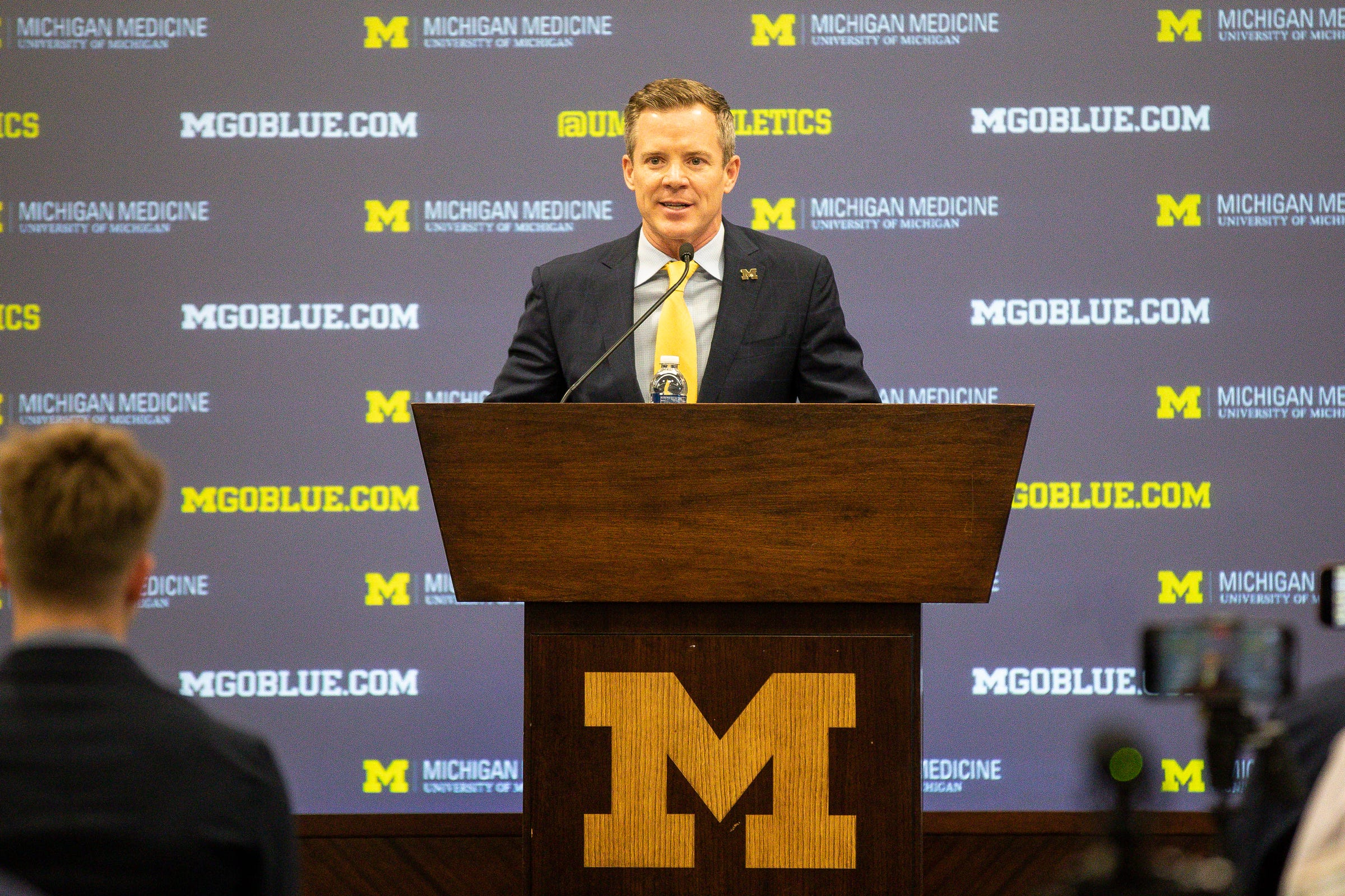 U-M's new men's basketball head coach Dusty May speaks during introductory press conference at Junge Family Champions Center in Ann Arbor on Tuesday, March 26, 2024.