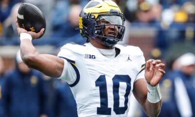 Blue Team quarterback Alex Orji (10) makes a pass against Maize Team during the second half of the spring game at Michigan Stadium in Ann Arbor on Saturday, April 20, 2024.