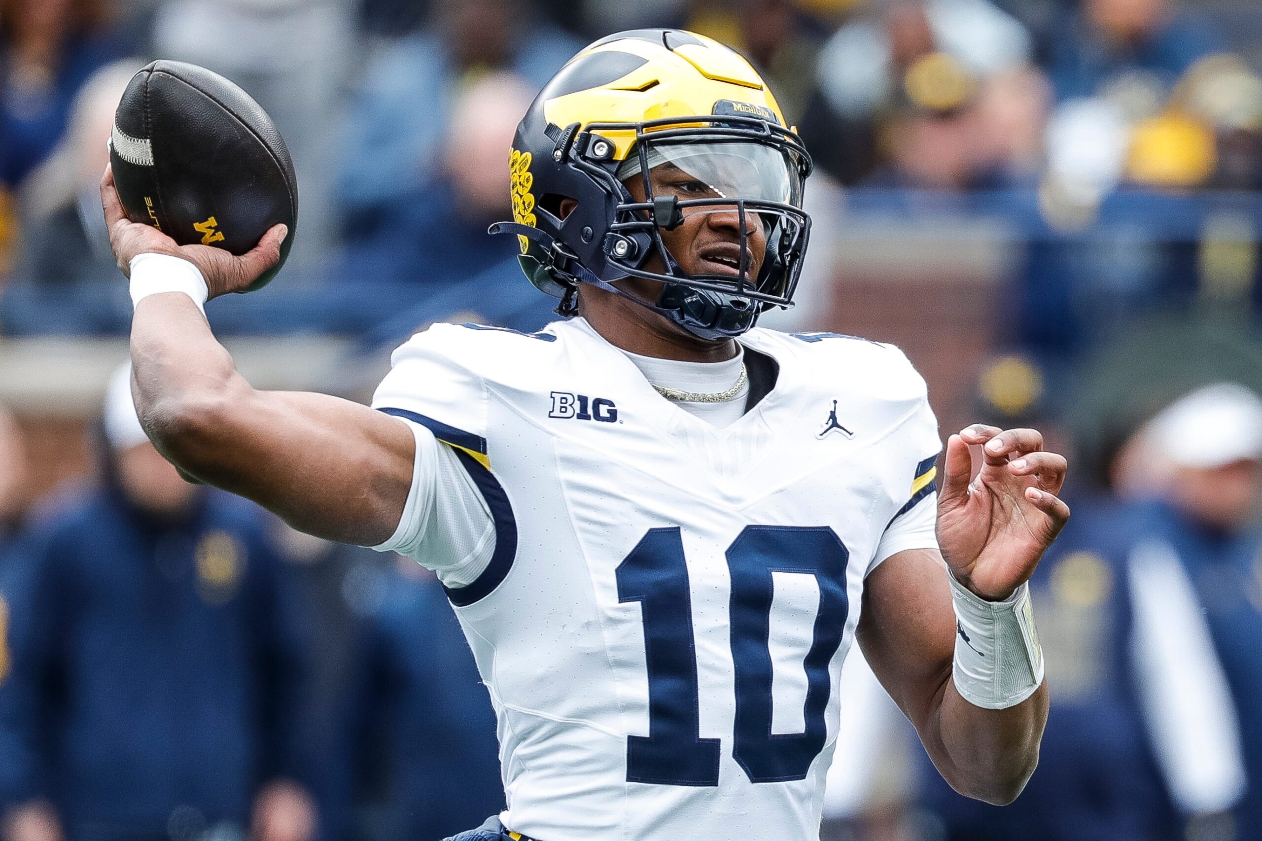 Blue Team quarterback Alex Orji (10) makes a pass against Maize Team during the second half of the spring game at Michigan Stadium in Ann Arbor on Saturday, April 20, 2024.