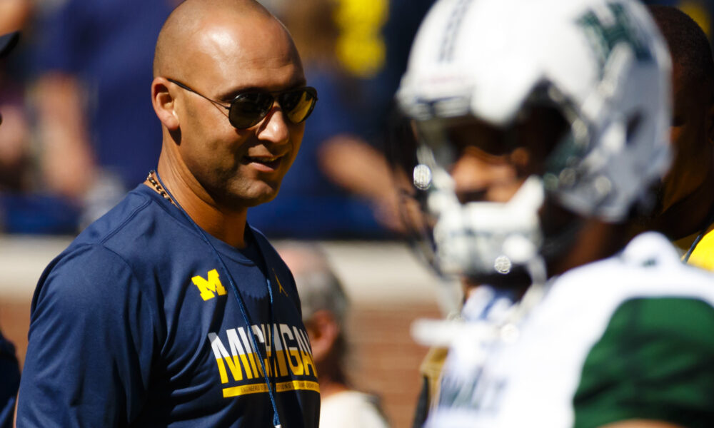 Sep 3, 2016; Ann Arbor, MI, USA; Derek Jeter is seen on the field prior to the game between the Michigan Wolverines and the Hawaii Warriors at Michigan Stadium. Mandatory Credit: Rick Osentoski-USA TODAY Sports