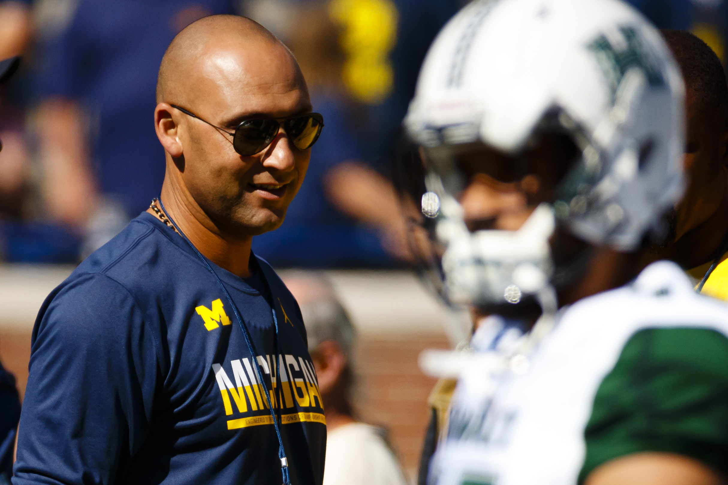 Sep 3, 2016; Ann Arbor, MI, USA; Derek Jeter is seen on the field prior to the game between the Michigan Wolverines and the Hawaii Warriors at Michigan Stadium. Mandatory Credit: Rick Osentoski-USA TODAY Sports