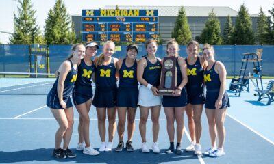 Michigan Women's Tennis squad after their win against Texas at the UofM Varsity Tennis Center